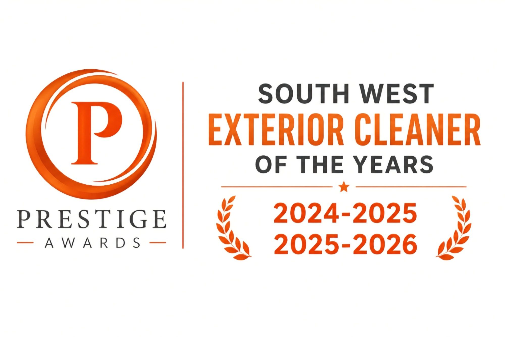 Award-winning Logo for Prestige Awards recognising the South West Exterior Cleaner of the Year 2024-2026.