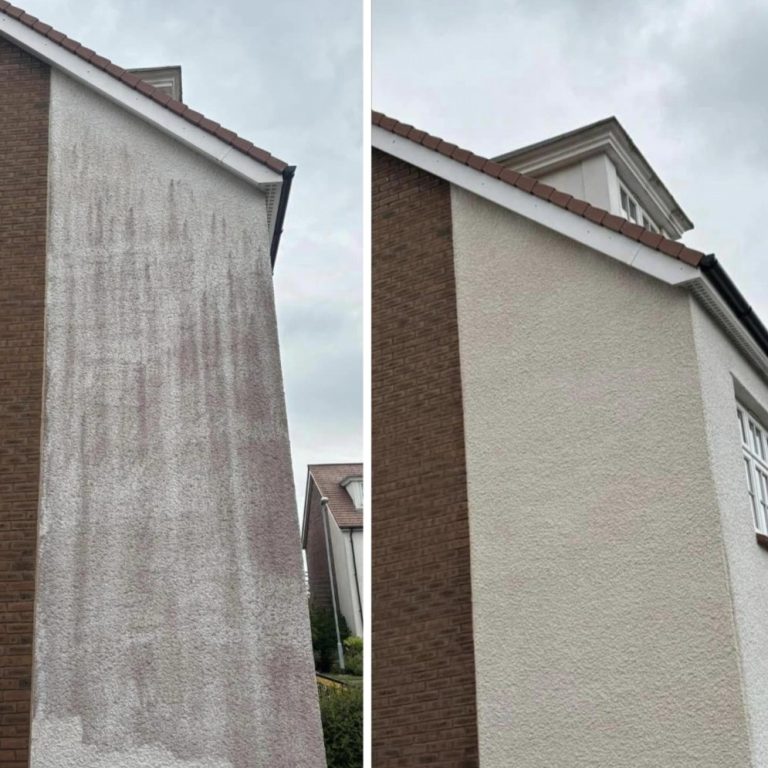 Render Cleaning in Wellington, Somerset Before and after view of a freshly painted building wall.