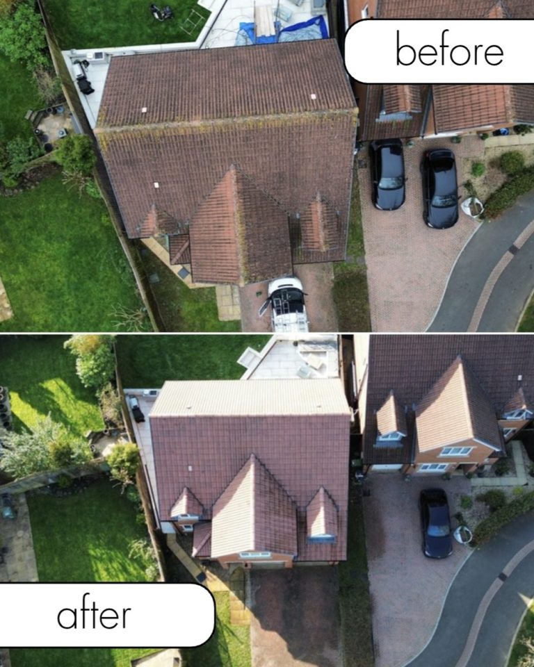 Roof Cleaning In Wellington Aerial view comparing a house's roof before and after cleaning.