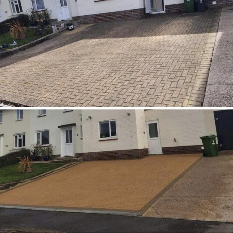 Driveway cleaning in Devon Side-by-side comparison of a brick driveway before and after being resurfaced with tan material.