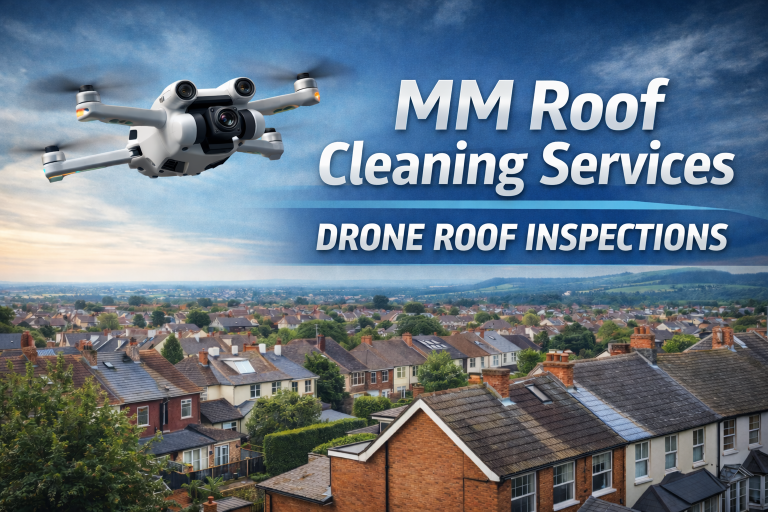 Drone Roof Inspection Drone hovering over residential rooftops, promoting MM Roof Cleaning Services.