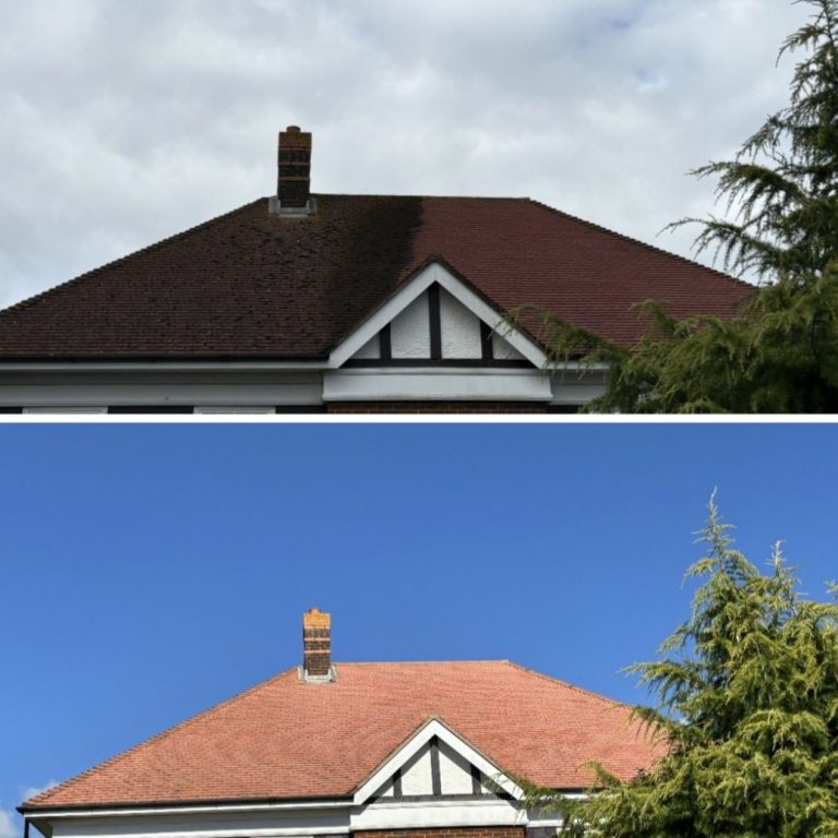 Before and after in Devon Comparison of a building's roof before and after cleaning, with visible colour difference.
