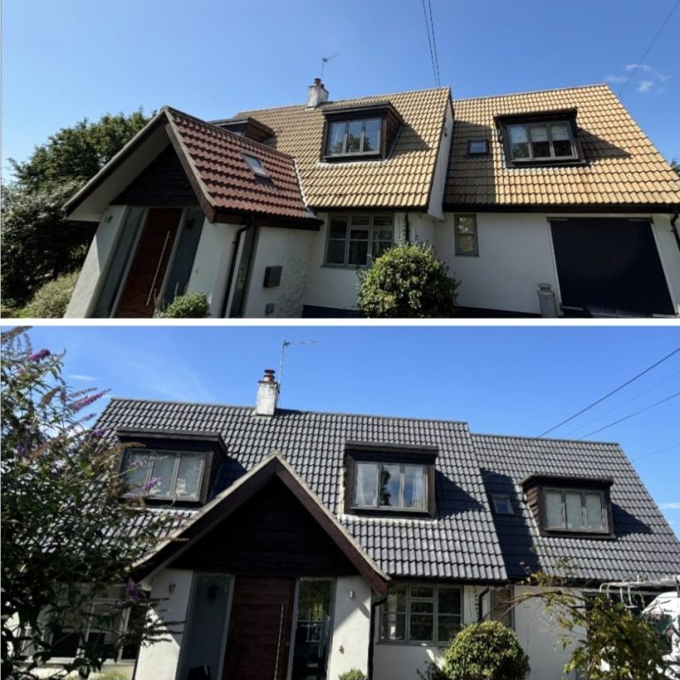 Roof coating in Bristol Comparison of two houses showing different roof styles and colours under clear blue sky.