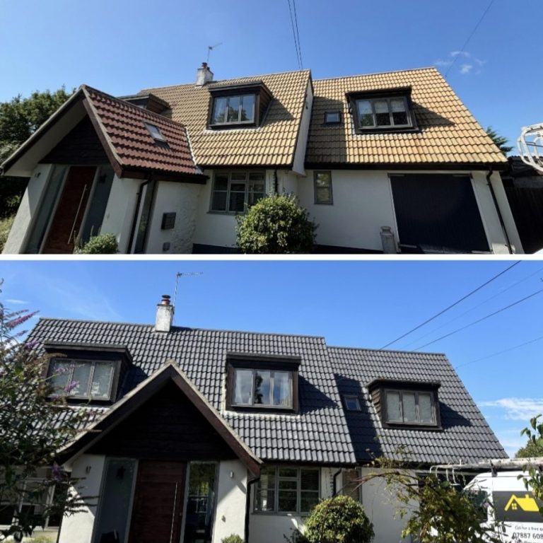 Roof Cleaning And Coating Renovated house exterior with a new dark roof and fresh facade.